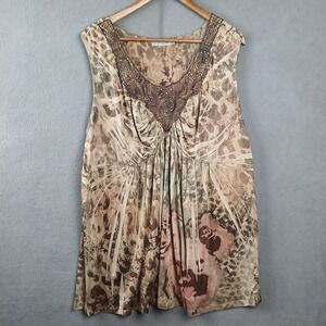 Unity World Wear Tunic Top Womens 3X Brown Leopard Print Sleeveless Embellished‎